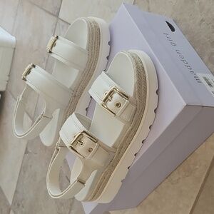 Madden Girl Cream Platform Sandals with Gold Buckles